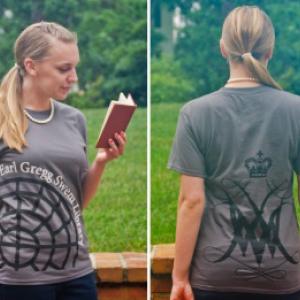 Model wearing a gray shirt with the Swem window and W&M cypher printed in black