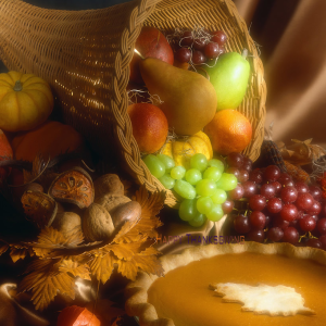 Cornucopia basket with grapes and other fruit