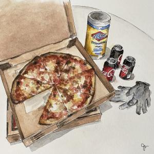 Watercolor of a partially eaten pizza