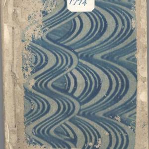 Decorative endpaper with swirling blue lines