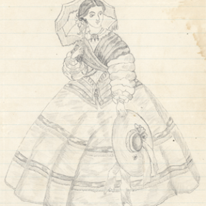 Pencil drawing of a 19th century woman with umbrella and hat