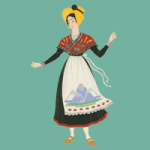 Illustration of woman in a black dress with red shawl and white embroidered apron