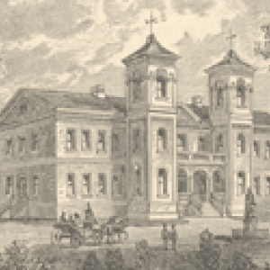 Illustration of the Wren building with two three-story towers on one side