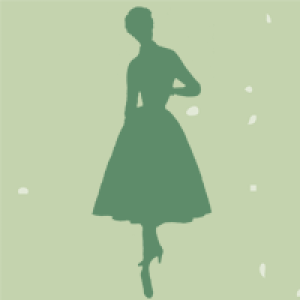 Silhouette of a woman in a dress with a lifted skirt, posing playfully against a pale background.