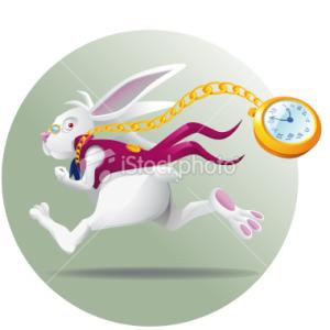 Cartoon white rabbit running while carrying a large clock on a chain