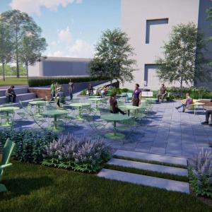Rendering of the proposed patio off of the front of Swem