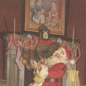 Illustration of Santa Claus holding a doll in front of a decorated fireplace