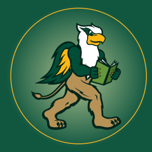 A griffon reading a book on a green background with a gold circle.